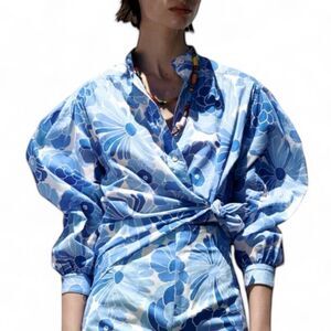 Zara Blue Floral Oversized Tie Front Button Down Shirt XS Y2K